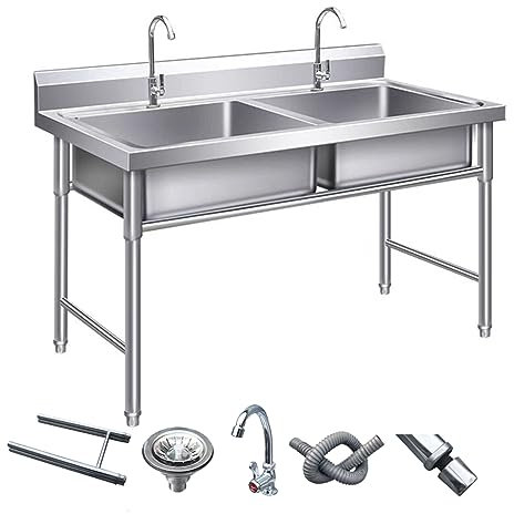 Lavello da cucina in acciaio inox a doppia vasca freestanding,304 in acciaio inox autoportante,garage Lavamani industriale,Adatto a tutti gli scenari(39.4 * 23.6 * 31.5in)