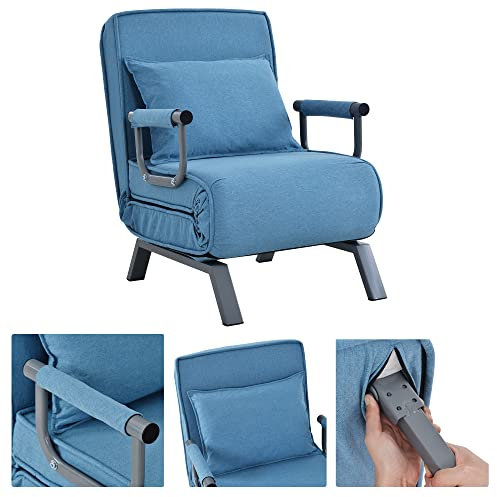 Schlafsessel 3 in 1, Schlafsofa mit Bettfunktion, Klappsessel mit 6 stufig Verstellbarer Rückenlehne&Abnehmbarem Kissen&Armlehnen, Sofabett mit Metallrahmen bis 150 kg belastbar,Blue