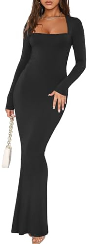 REORIA Women's Sexy Going Out Square Neck Long Sleeve Bodycon Maxi Dress Fall Casual Ribbed Soft Lounge Dresses Black Medium