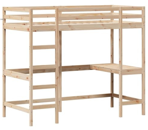 vidaXL Cama Alta con Escritorio, Litera Somier de Listones, Estructura de Cama, Mueble para Dormitorio, Madera Maciza de Pino 90x200 cm