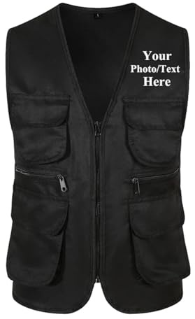 Gilet con Logo Personalizzato Gilet da Uomo Multi Tasca Senza Maniche per Sport all'Aria Aperta Tiro Pesca Giacca da Escursionismo Cappotto da Addetto alla Manutenzione Black,L
