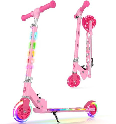 BELEEV V3 Scooter för Barn Från 3 År, Uppgraderad 2-Hjulig med LED Belysningshjul och Rattstång, Höjdjusterbar i 4 Steg, Hopfällbar Sparkcykel för Flickor och Pojkar i Åldrarna 3-12 År, Ljusrosa