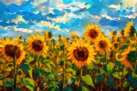 adrium Acryl-Bild 50 x 30 cm: Ölgemälde von Sonnenblumen auf Leinwand mit blauem Himmel und Wolken (202665779)