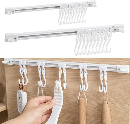 OULIGET Utility Slide Rail Hook,Under Cabinet Kitchen No Punching Hooks for Hanging Utensil,Bathroom Bedroom Office Wall Door Rack with 10 Hooks,15.7 and 11.8 Inches,2Pieces