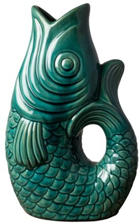 Grand Vase Poisson en Grès Bleu Vert Décoration réussi Bohème, Belle Fabrication XL Dimension 30,5 cm de Haut, 20 cm de Large