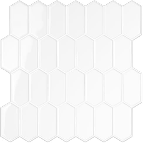 WalDecoo Carreaux Hexagonaux Longs À Décoller Et Coller Pour Cuisine, 10 Feuilles De Carreaux Muraux Auto-adhésifs 3D, Autocollants Pour Carrelage Blanc Pour Cuisine Et Salle De Bain 30,5x30,5 cm