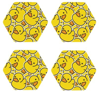 Set di 4 sottobicchieri a forma di paperella con animali gialli per protezione da tavolo, adatti per tipi di tazze, sottobicchieri per la decorazione della casa e del soggiorno, esagonali da 10 cm