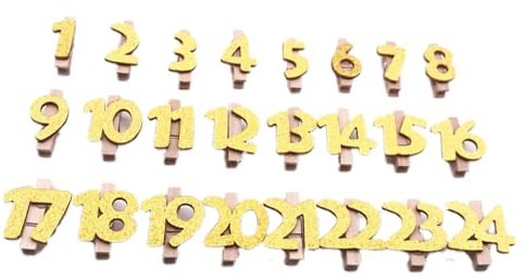 TMTGTS Mollette in legno con brillantini, con numeri da 1 a 24 pezzi, numeri in legno con mollette decorative, numeri per calendario dell'Avvento, per interni, esterni, Natale, decorazione da