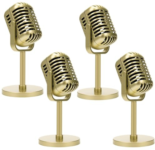 4Pcs Retro Microphone Prop Gold Old Style Microphone Prop Gold Model Retro Vintage Plastic with Stand Vintage Decorations for Music Party(Not True)