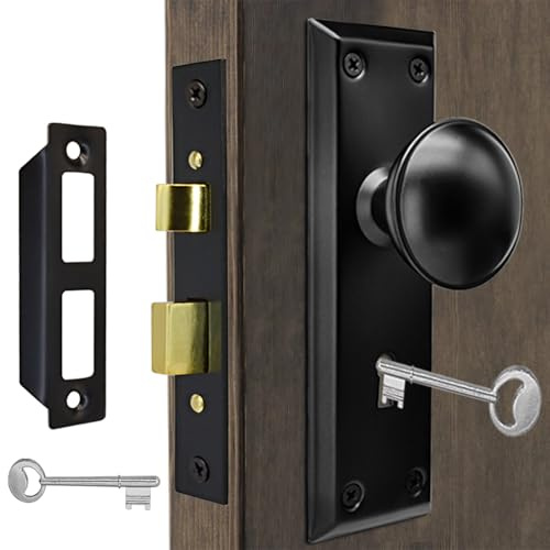 Antique Interior Door Knobs Mortise Lock Set with Skeleton Key Locks, Vintage Door Hardware Parts Fit 1-3/8 -1-3/4 Thick Doors, 2-3/8 Backset, Reversible Latch, Matte Black, 1 Pack