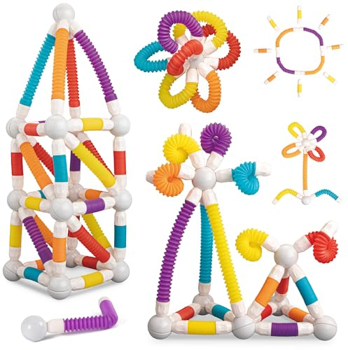 LONEEDY Set di 48 giocattoli da costruzione con barre magnetiche retrattili, barre magnetiche flessibili e sfere, mattoncini educativi per bambini dai 3 anni in su (48 pezzi)
