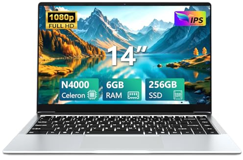 Ordenador Portátil 14,1 pulgadas, PC Portátil SSD 256 GB RAM 6 GB Procesador Celeron N4000, Computadora Portatil Pantalla giratoria de 180°, mini-HDMI, USB 3.0 ordenador PC plateado, delgado y ligero