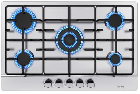 WEHIMO Gaskochfeld 5 Flammig, Edelstahl Einbau-Gaskochfeld, 76cm, 10500W, 5 Kochzonen (2700W+1750W+3300W+1750W+1000W), Domino Gaskochfeld für Propangas und Erdgas, Geeignet für Alle Töpfe