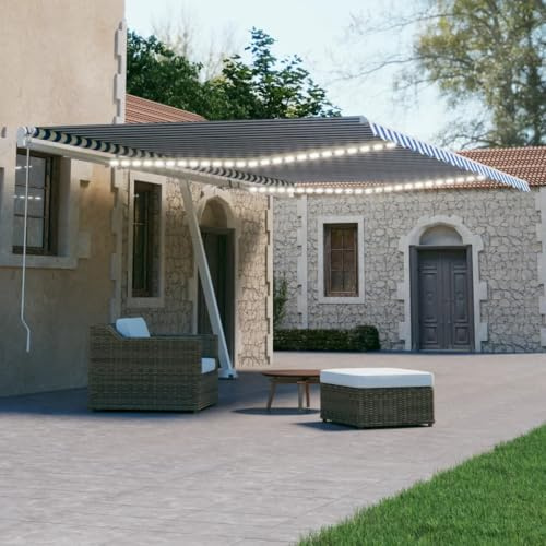 Qnhdfrt Standmarkise 600x300 cm Freistehend Blau Weiß Aluminium Gestell Fernbedienung Windsensor LED Beleuchtung Robuste Beschattung für Terrasse Garten Balkon