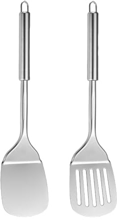 2 Stück Edelstahl Spatel Set - Pfannenwender Edelstahl, Silberner Solider Pfannenwender, Robuster Küchenhelfer, Spatula, Küchenspatel für Antihaft-Kochgeschirr, Eier, Pfannkuchen, Spülmaschinenfest