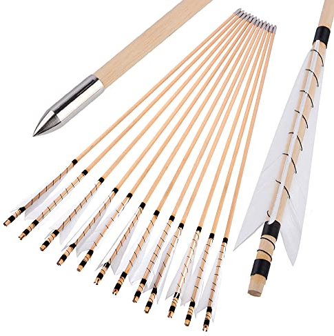 surwolf 32” bågskyttepilar av trä, traditionellt handgjorda, med 5” kalkonfjäder, OD8mm träskena, jaktmål för långbåge/recurvebåge hästbåge 12 st. (12)