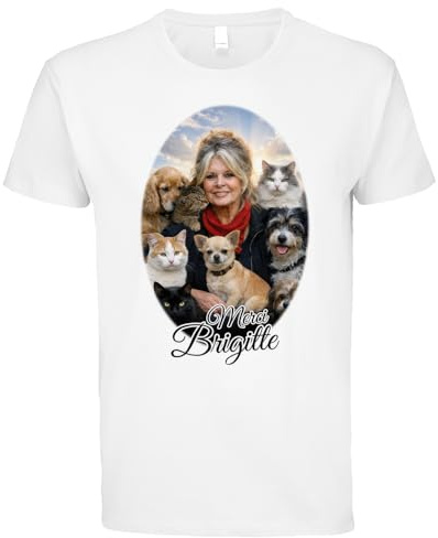 T-Shirt Hommage Brigitte avec Motif Animaux de Compagnie, Blanc, Coton, Imprimé Artistique avec Chats et Chiens