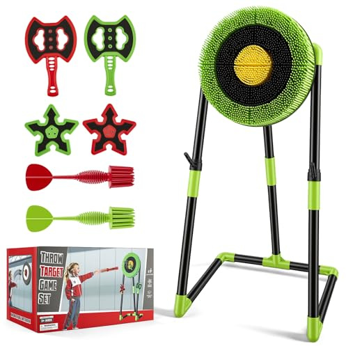 Axe kastspel – bakgårdsträdgårdsmål med stativ, 8 skumaxor, ninja stjärnor och dart – karneval kastspel för barn och vuxna – roliga utomhusspel för familjen