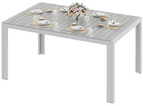 LIFERUN Mesa de jardín grande resistente a la intemperie, 140 x 90 x 75 cm, mesa de aluminio para terraza con tablero de WPC, mesa de comedor rectangular para 6 personas, estable para jardín, terraza