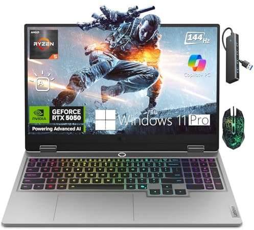 Lenovo LOQ Gaming Laptop, 15.6 FHD IPS 144hz LOQ 15 Laptop, AMD Ryzen 5 220 Processor, NVIDIA GeForce RTX 5050 Laptop GPU (8GB GDDR7), 16GB DDR5 RAM, 512GB SSD, Windows 11 Pro, Luna Grey