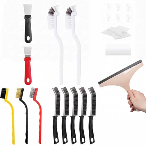 YUITONG 5 Pcs Crevice Cleaning Brush, 21 Pcs Complete Set of Cleaning Tools | 2 Scrubbing Brushes, 3 Stiff-Bristle Wire Brushes, 2 Scrapers, Shower Squeegee, Sponge, Cleaning Cloth, 6 self-adhesive hooks