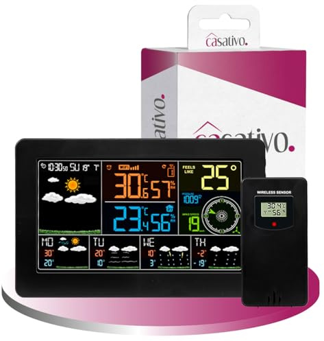 Casativo WLAN-Wetterstation mit Aussensensor – Digitale Wetterstation mit App & 5-Tage-Prognose, Thermometer, Hygrometer & Barometer