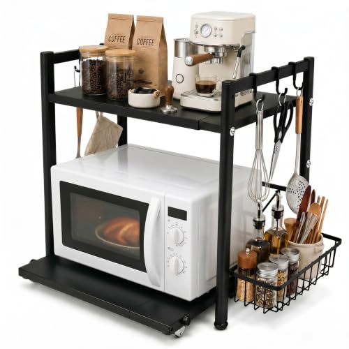 Ribech Soporte Microondas Ajustable, Bandeja Extraíble, Cesta & Ganchos | Alta Capacidad De Carga | Protección Antideslizante | Montaje Rápido | Limpieza Fácil | Almacenamiento Seguro