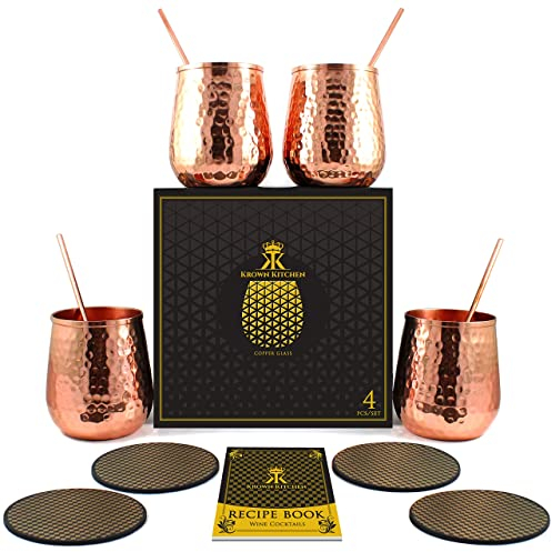 Krown Kitchen - Stemless Copper wine glasses set of 4. Excellent gift set for men and women. Moscow Mule Copper Set of 4 | 16 ounces