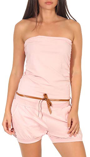 malito - Damen Jumpsuit - Einteiler mit Gürtel & Taschen - Bandeau Sommer Overall - kurzer trägerloser Playsuit - unifarbener Romper 8964 (Größe XS-L)