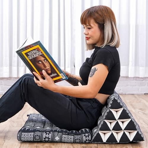 Leewadee Thai-Kissen Falt-Matratze Chill-Out Klapp-Matte Gepolsterte Lesestütze Boden-Liege Mit Dreieck-Kissen, Kapok, 75 x 50 cm, Schwarz