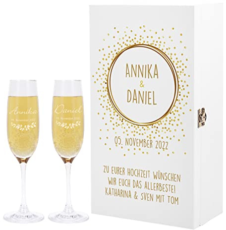 Herz & Heim® 2 Leonardo Sektgläser zur Hochzeit mit Gravur in weißer Holz-Geschenkbox - ideales Hochzeitsgeschenk Golden