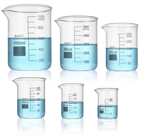 Yarlung 6 Pack Glass Beakers Set, 50 ml 100 ml 250 ml 500 ml 1000 ml Graduated Measuring Beakers Thick Boro 3.3, Griffin Low Form