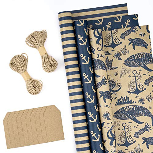 RUSPEPA Rotoli Di Carta Da Regalo Con Etichette, Filo Di Iuta - 43cm X 3m Per Rotolo, Totale Di 3 Rotoli, Blu Navy