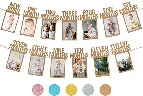 PartyHooman 1st Birthday Photo Banner for Baby from Newborn to 12 Months, First Birthday Decorations Boy or Girl Monthly Milestones Garland | 1 Year Old Photo Banner Pre-strung with Frame (Kraft)