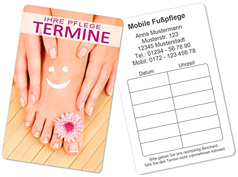 500 Terminkarten bedruckt mit Ihrer Adresse für Fußpflege Pediküre - Kein Stempel notwendig - Inkl. Kartenspender
