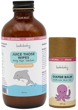 BALM! Baby Juice Those Wipes and Diaper Balm - Baby Wipes Concentrate Solution + Diaper Balm Stick - All Natural for Cloth or Disposable - Cloth Safe - Plastic Free - Glass Bottle + Eco-Stick