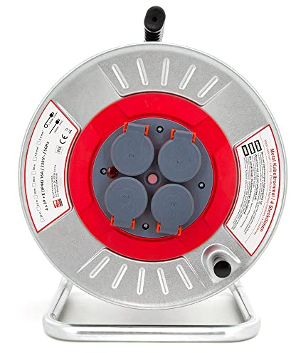 KOOP Elektro Metall Leer Kabeltrommel, Trommel ohne Kabel, Metallbaurolle mit 4 Steckdosen, IP44 Schuko Aufbewahrungstrommel leer für Innen/Außenbereich