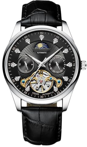 RORIOS Herr automatisk Tourbillon klocka diamant skelettklocka vattentät självuppdragande armbandsur lysande månfas klocka läderrem, Svartvit B, L
