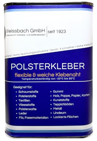WEISSBACH Polsterkleber mit Pinsel Sattlerspray für Dachhimmel, Textil, 1000ml extra stark, schnell aushärtend, weiche & flexible Klebenaht, Kontaktkleber, sprüh- und pinselbar, hohe Spannungsaufnahme