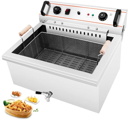 RUYICZB 4800W 30L Freidora Eléctrica con 20L Cestas Extraíbles Temporizador Control Temperatura Ajustable Sistema De Drenaje, Freidora De Acero Inoxidable Comercial para Pavo Papas Fritas Donuts