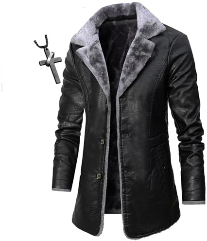 HECLOK Mens Genuine Leather Biker Jacket 3/4 Length Coat Wool Heating Warm Winter Long Leather Jacket Lined Duster Trench Coat+ Men's Necklaces (TYP-2,3XL)