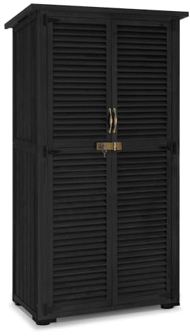 MCombo Outdoor Storage Cabinet, Wooden Storage Shed with Latch, Outside Garden Tool Shed with 2 Doors for Patio Yard Lawn, 0808 (Black, Medium)