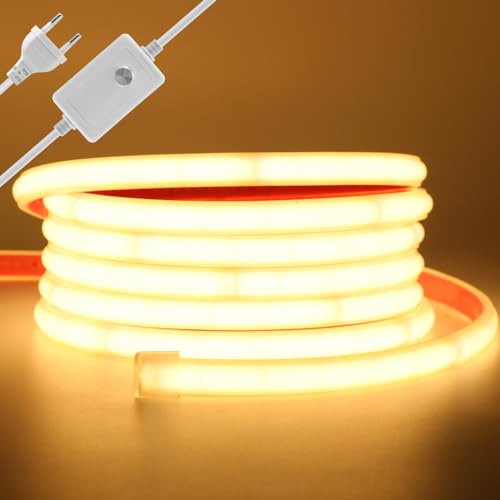 Wisada LED Band 10M, Wasserdicht IP65 Warmweiß Dimmbar LED Leuchtband Selbstklebend,240LEDs/m Superhell Flexible FCOB LED Strip(Schnitt alle 10cm), Anschluss an AC220-240V COB Streifen für Weihnachten