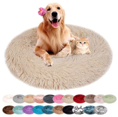 nvdsivee Hundebett Rund Katzenbett PlüSch Hundebetten Maschinenwaschbar Hundematte Hundekissen für Kleine Mittelgroße Grosse Hunde mit Rutschfestem Boden Beige 60cm