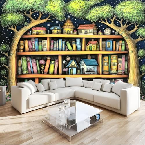 Papier Peint Intissé Dessin Au Crayon Forêt Enchantée Étagère Livres 400 x 280 cm Papier Peint Photo Panoramique, Poster Mural Personnalisé 3D, pour Salon Cuisines Chambre Adulte Enfant Décor Murale