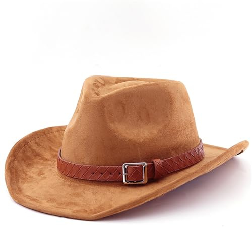 Kvinnor western cowgirlhattar män vintage cowboyhatt brett brätte trendig Fedora filt jazzhatt med bältesspänne, Khaki, One Size-M