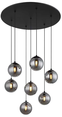 LED Pendelleuchte 7 flammig Hängelampe Wohnzimmer Esstischleuchte Rauchglas, Metall schwarz, 7x 3,5W 350lm warmweiß, DxH 55x120 cm