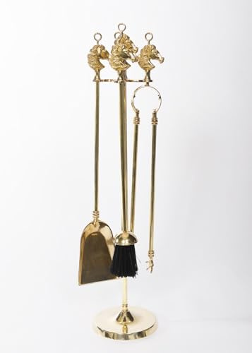 Kaminbesteck Pferd Kamingarnitur 70cm poliertes Messing Gold Kaminset 5-teiliges Set, Schürhaken, Ascheschaufel, Besen, Zange & Ständer, Kamingarnitur, Gold