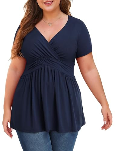 Mujer Tallas Grandes Tops Verano Manga Corta Túnica Cuello de Pico Cómodo Camisa Ancho Casual Blusas Talla L-4XL