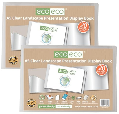 eco-eco Eco174x2 - Raccoglitore per presentazioni, formato A5, 50% riciclato, 20 tasche, trasparente, con buste in plastica, confezione da 2
